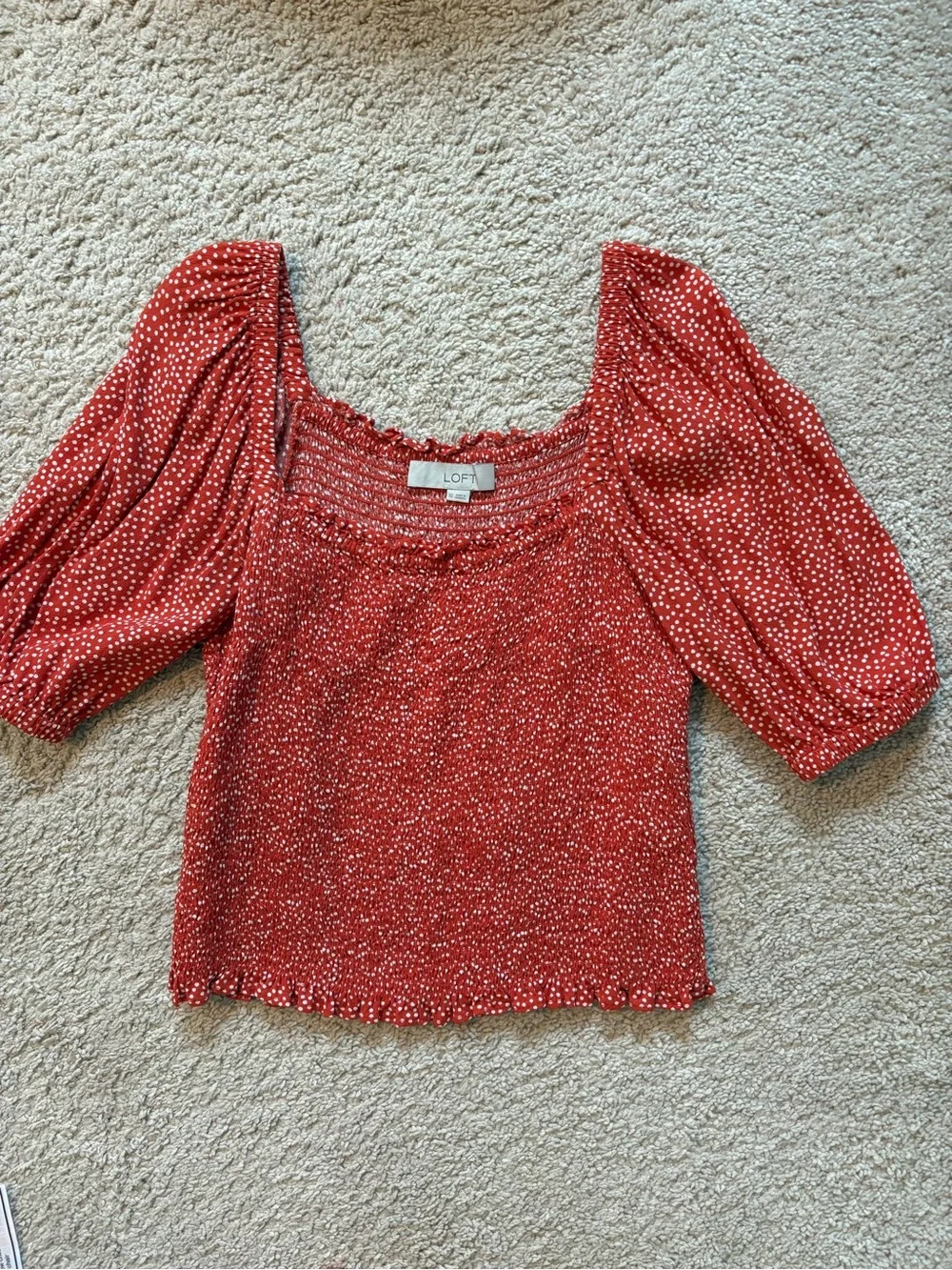 LOFT Red Smocked Square-Neck Top with Puff Sleeves